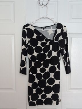 Express Black and White Polka Dot Long Sleeve Knot-Front Dress